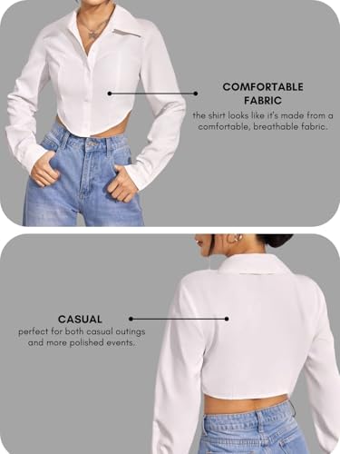 Image of GRECIILOOKS Women`s Oversized Fit Crop Top Shirt | Casual Long Sleev Stylish Collared Shirts for Womens | Comfortable Rich Korean Button Down | Formal Look Stylish Trendy Shirts