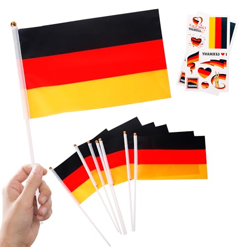 10 Piezas Banderas Pequeñas de Alemania con Palo & 2 Tatuajes, Mini Bandiera alemana de Mano con Varilla para Mundial Fútbol 2026 Unidad Alemana Olimpiadas Desfile Decoración Adornos Fiesta