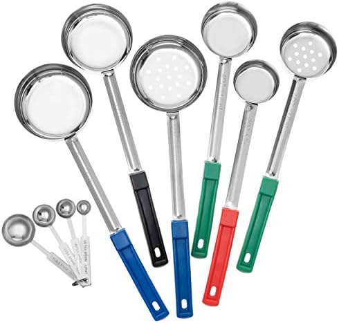 Stainless Steel Portion Control Serving Spoon Set with Teaspoons (10 Piece set). 4 Solid Ladles, 2 Slotted (1/4, 1/2, 3/4 , 1 cup) and 4 teaspoons - bilbyfox