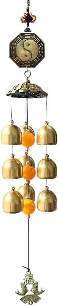 Tai Chi Style Copper Wind Chime - 9 Bronze Bells Indoor/Outdoor Decor - Chinese Buddha Coin Metal Wind Bell for Home & Garden