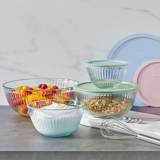 Image of Pyrex Ribbed Glass Mixing Bowl Set with Pastel Lids, 8 Piece Nesting Set
