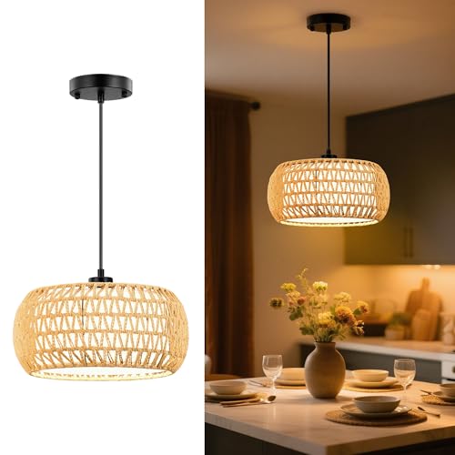 LUMLLSAJI Pendant Lights, Plug in Pendant Light, Hanging Lamp, Boho Lamp, Woven Rattan Pendant Lamp Shade for Kitchen Island, Modern Farmhouse Chandelier Light Fixtures (Bohemian 1)