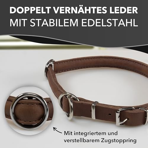 Rund & Weich - Zugstopp Hundehalsband Braun L - 55cm Lederhalsband mit Zugbegrenzung und Verstellbarer Schnalle, Dressurhalsung, Zugstopper, robust, Rindsleder