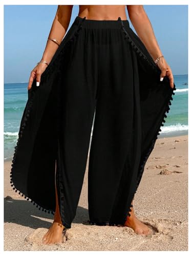 Women's Bathing Suit Cover Up Pants Split Sheer Flowy Beach Elastic Waist Wide Leg Swimsuit Pants3