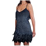RUITOTP Vestido de Fiesta Mujer Flapper Gatsby Lentejuelas Vestido de Espagueti Correas Bodycon Flecos Vestidos de Noche con Cuello Halter Mini Vestidos de Cóctel con Plumas Carnaval