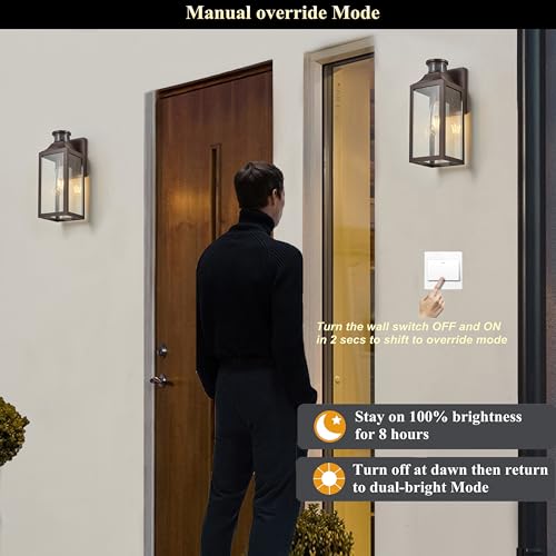 Image of MICSIU 12.75 inch Bronze Motion Sensor Traditional Outdoor Light Fixture 1 Pack | Dusk to Dawn Outside Wall Sconce with Clear Seedy Glass, 3 Modes Farm Porch Light for House Garage Deck