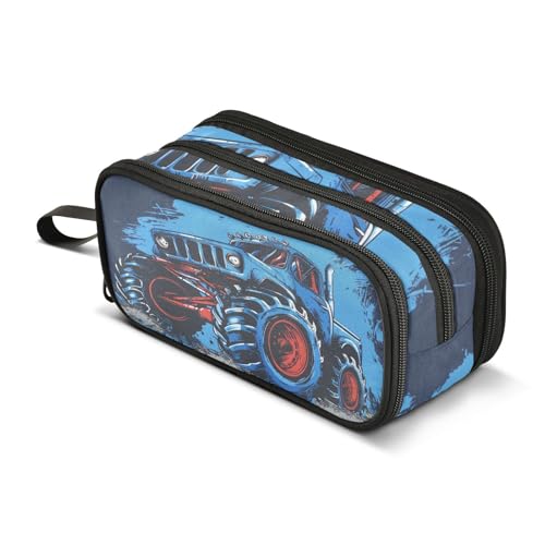 Image of Truck Blue Pencil Case Box Boys Girls Large Pencil Pouch with Zipper Compartments Big Capacity Stationery Pen Bag Organizer for Kids Teens Adults School