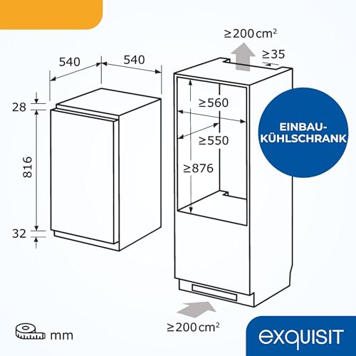 Exquisit Einbau Vollraumkühlschrank | 129 l Nutzinhalt, Energieklasse E, 39 dB(A) | Schlepptürtechnik, LED-Beleuchtung, Glasablagen, Gemüsefach, manuelle Temperaturregelung | EKS5131-V-040E