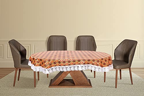 Image of The Furnishing Tree Waterproof PVC Oval Shaped Center Table Cover WxL 40x60 inches Surface Pattern Brown with White Border lace
