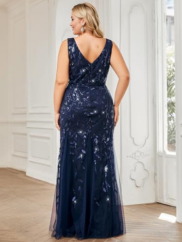 Image of Ever-Pretty Plus Sequin Formal Dresses Sleeveless V Neck Mermaid Ball Gowns Plus Size Prom Dress