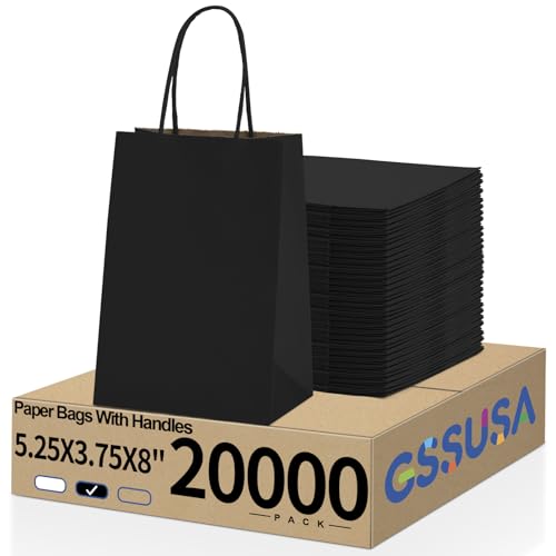 GSSUSA Paper Gift Bags 5.25x3.75x8 Inch 20000 Pack, Valentine's Day Gift Wrap Bags with Handles, Black Kraft Paper Bag for Small Business, Heavy Duty Bulk, for Birthday Party Favors, Shopping, Retail