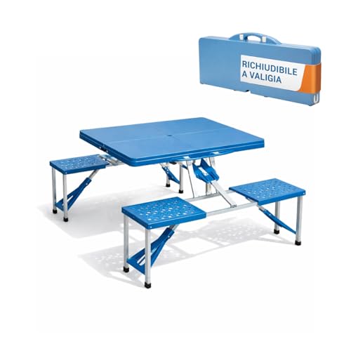 MOHOME Tavolo Pieghevole Salvaspazio Portatile Richiudibile a Valigetta 84x64x65 cm Tavolo da Campeggio Azzurro con 4 Sedie Struttura in Acciaio Resistente Tavolo da Giardino Pic Nic Terrazza Esterno