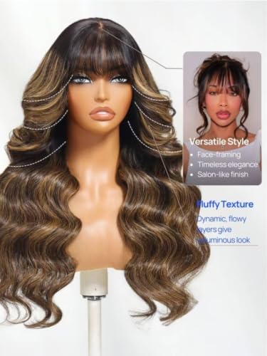 Image of Beauty Forever HD Lace Wear & Go Glueless Human Hair Wig Body Wave, 13x4 Pre Cut Pre Plucked Lace Front Wig with Curtain Bangs, Balayage Highlight, Beginner Friendly 22 inch