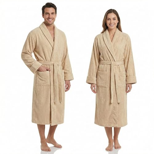BOSKIMO Albornoz Mujer y Hombre Rizo 100% Algodón, Bata de Baño con Cuello| Espesor 420 g/m² Muy Absorbente, Piscina, Spa | Oeko-Tex Tallas de Pequeño a Extra Grande - Beige