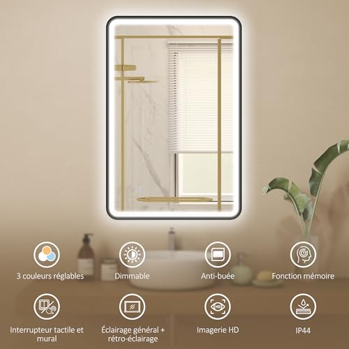 Miroir salle de bain LED anti-buée 90 x 60 cm HOMCOM