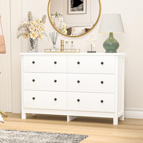 SINROM White Dresser for Bedroom, Modern 6 Drawer Dresser for Living Room, Hallway, Wide Chest of Drawer with Black Pulls