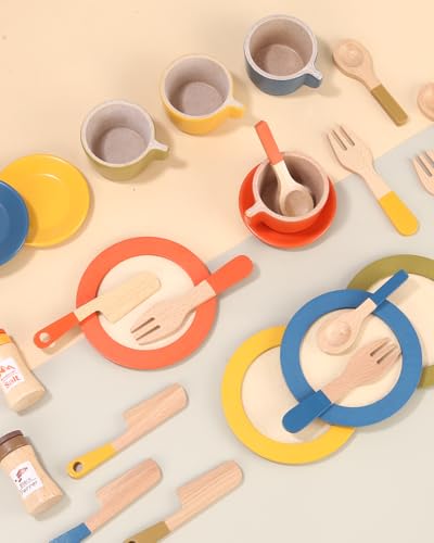 26 PCS Puppengeschirr Kinderküche Spielküche Zubehör, Geschirrset Aus Holz, Küchen Spielzeug für Rollenspiele, Geschenk für Kinder Ab 3 Jahren