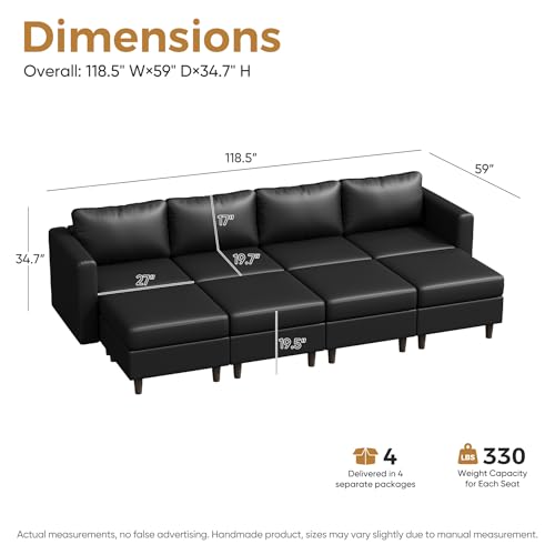Image of ABCASA 118.5 inch Faux Leather Luxury Modular Sleeper Sofa Bed with Storage Seat, 8 Seat Sectional Couch Deep Seat with Reversible Chaises & Removable Cover - Black