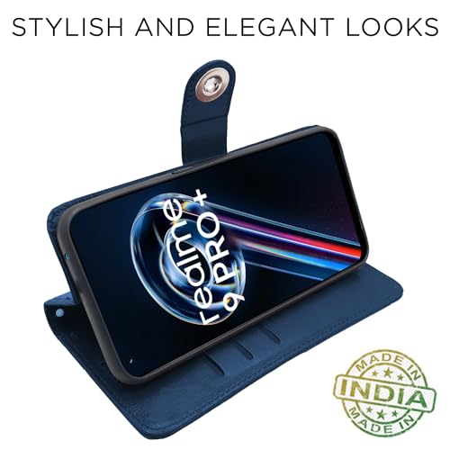 Image of Pikkme Realme 9 4G / Realme 9 Pro Plus 5G Flip Cover Leather Finish | Inside TPU with Card Pockets | Wallet Stand and Shock Proof | Complete Protection Button Flip Case (Blue)