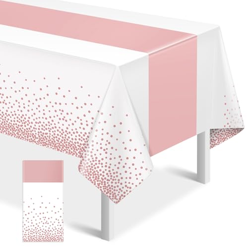 Image of 1Pcs White and Rose Gold Tablecloth Party Decorations,Plastic White Table Cloth Printed Rose Gold Table Runner Disposable Rectangle Cover for Birthday Anniversary Wedding Grad Party,54 x108 Inch