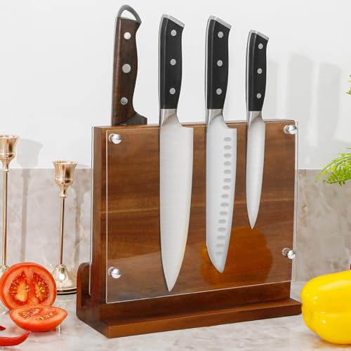 Magnetic Knife Block Stand with Acrylic Shield, Storage Cutting Board and Knives, Natural Acacia Universal Knife Organizer with Powerful Double Magnets for Kitchen Home