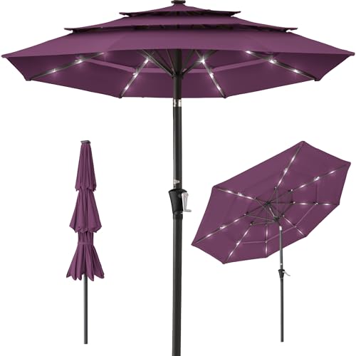 Best Choice Products 10ft 3-Tier Solar Patio Umbrella Outdoor Market Sun Shade for Backyard Deck Poolside w/ 24 LED Lights Tilt Adjustment Easy Crank 8 Ribs - Amethyst Purple