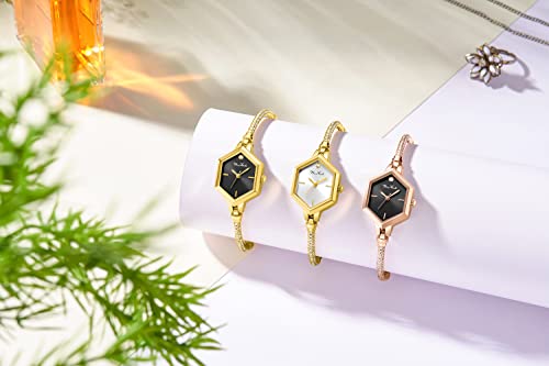 Rose Gold Petite Bracelet Watch for Women, Diamond Dress Analog Hexagonal Mini Women Watch Waterproof