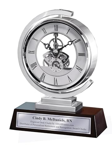 AllGiftFrames Gear Da Vinci Metal Silver Desk Clock Which Rotates 360 Degrees with Silver Engraving Plate. Unique Engineering, Anniversary, Retirement and Appreciation Award