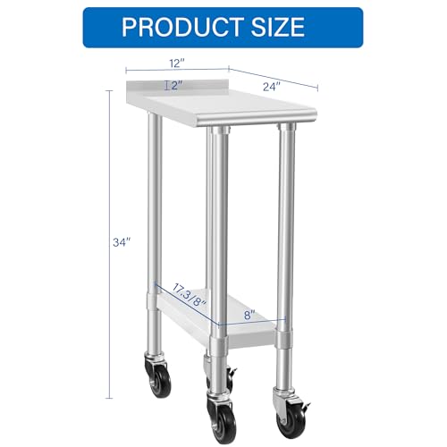 Image of HARDURA Stainless Steel Commercial Work Table with Wheels Prep & Work Metal Table 24x12 Inches Heavy Duty NSF with Casters and 2 inch Backsplash