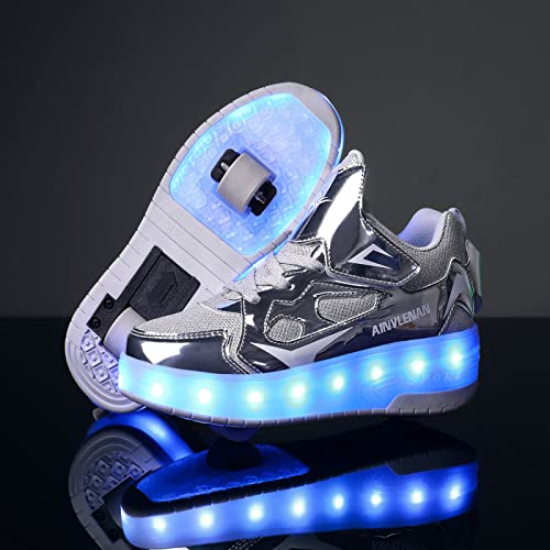 EMDPBD Roller Skates Shoes USB Charging, Unisex Kids LED Light Up Retractable Roller Skate Sneaker Flashing Wheel Shoes for Girls Boys,Silver-3.5BigKid2