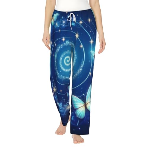 Pantalon de pyjama en polaire pour femme imprimé papillon et étoiles en flanelle douce