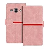 ESACMOT Étui Portefeuille Cuir Compatible avec Samsung Galaxy Ace 3 Design Rayures Horizontales Coque Flip Protectrice Fente Carte Fermeture Magnétique (Rose)
