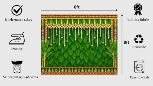 Image of Pooja Background Decoration Cloth | Green Banana Leaf Backdrop Cloth Ethnic Indian Wedding 8x8 Feet | Back Drop Curtain for Decoration Pooja laxmi Devi