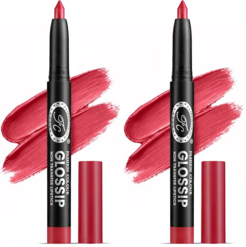 Image of Fashion Colour Glossip Non-Transfer Lipstick | Long-Lasting 12 Hours Stay | Retractable Lip Crayon | One Swipe Application | Available in 19 Vibrant Shades (Dull Red) (Pack of 2)
