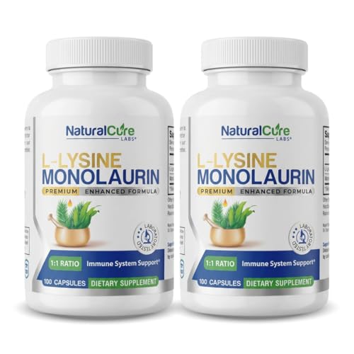 Natural Cure Labs L-Lysine with Monolaurin 600mg 1:1 Ratio 2 Pack 200 Capsules