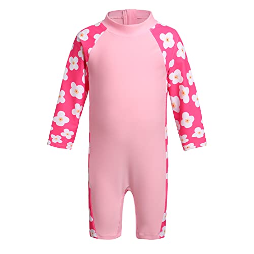 Baby Girl Swimming Suit Kids Swimsuit Girls Swimwear Toddler Girls Rash Guard Zipper One Piece Long Sleeve Sunsuit Beach Bathing Suit UPF 50+ Sun Protection All in One Wetsuit Pink Flower 5-6 Years