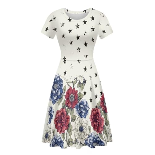 Image of HUGS IDEA Womens Puffy Swing Midi Dress Round Neck Short Sleeve Party A-Line Dresses