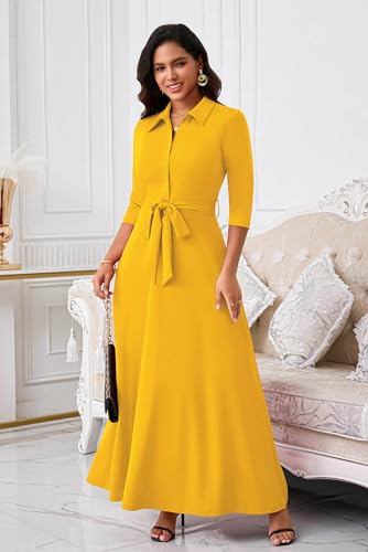 Image of Runwind Women Church Maxi Dresses 3 /4 Sleeve Button Down Print Casual Office Dress African