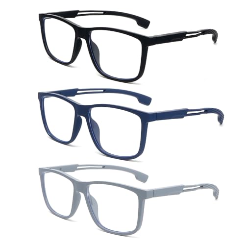 KoKoBin Occhiali da lettura alla moda per uomini e donne, ultra leggeri e flessibili con lettori anti luce blu e cerniera a molla (3 Pack（Nero, Blu, Grigio）, 2.5, Diottria)