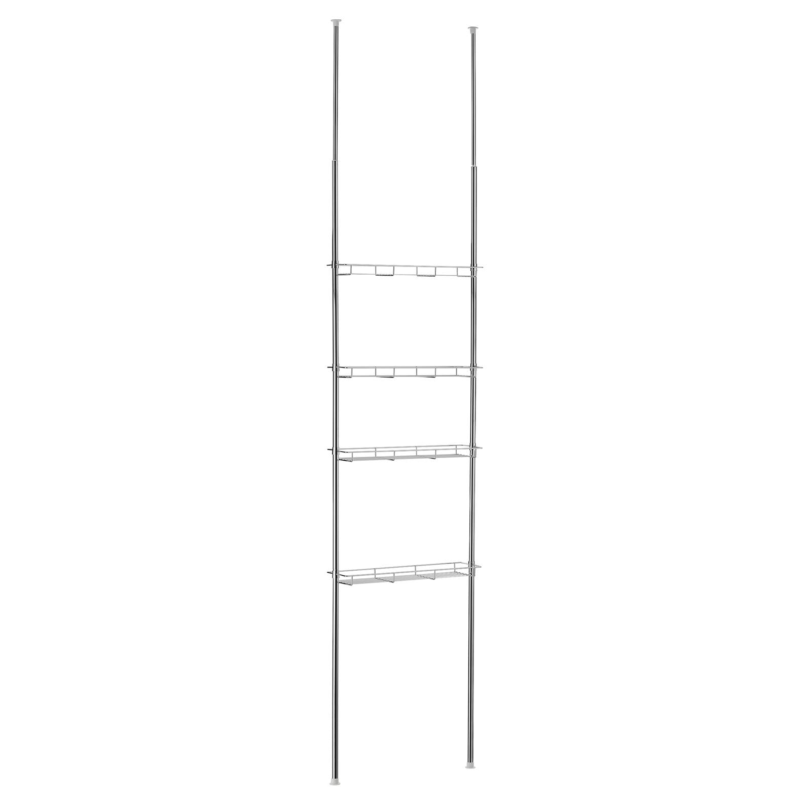 Duschregal Paula, 4 offene Ablagekörbe, Chrome, Teleskopstange höhenverstellbar, ausziehbar bis 280cm. Ideal für Badezimmer ohne Bohren. Inklusive Duschablage Teleskopstange