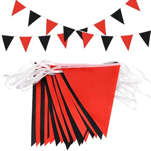 Topeedy Bandierine nere e rosse da 20 m, decorazione per feste, 52 bandierine nere riutilizzabili per compleanni, matrimoni, feste sportive, casa o giardino, bandiere triangolari