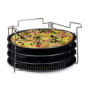 Relaxdays Teglie per Pizza, Pane, Rotonde, Set da 4, Supporto Metallo, Antiaderenti, ∅ 32 cm, da Forno, Forate, Anracite