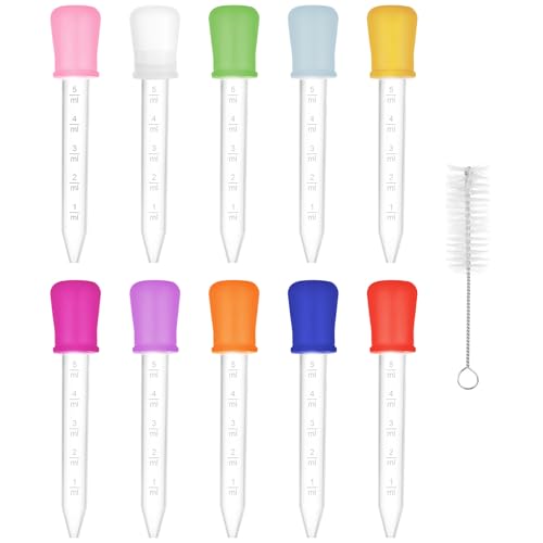 NUTKIT 10 Stück Pipetten 5ml Silikon Kunststoff Pipetten Transparente Liquid Dropper mit Skala und Reinigungsbürste Flüssigkeitstropfen Pipette Kinder für Süßigkeitenformen Bastelarbeiten Kunst