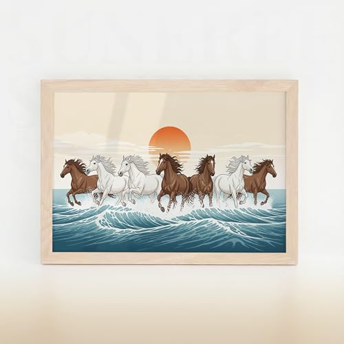 Image of Suneree 7 Horse Vastu Wall Painting - Modern Running Horses Ocean Sunset Framed Wall Art for Living Room Decor (Natural, Design 07, 10x13 Inch)