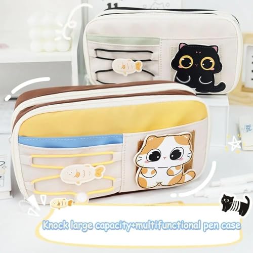 Image of OSDUE Canvas School Bag Pencil Case, 3 Layer 6 Compartment Large Capacity, Aesthetic Pencil Pouch for Stationary, Cute Stationery for Kids, Pencil Case for Girls & Boys (Beige)