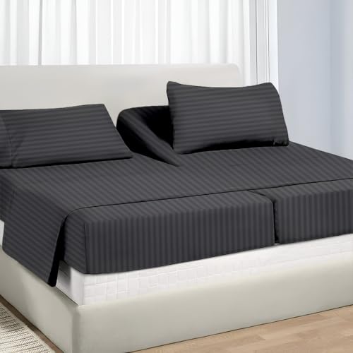 NON Sticky cotton Adjustable Split King Sheet Set for Sleep Number Beds, Premium 100% Long Staple Cotton Bedding, Two Twin XL 39" X 80" Fitted Sheets Fits Up to 18" Deep Mattress, Dark Grey Stripe