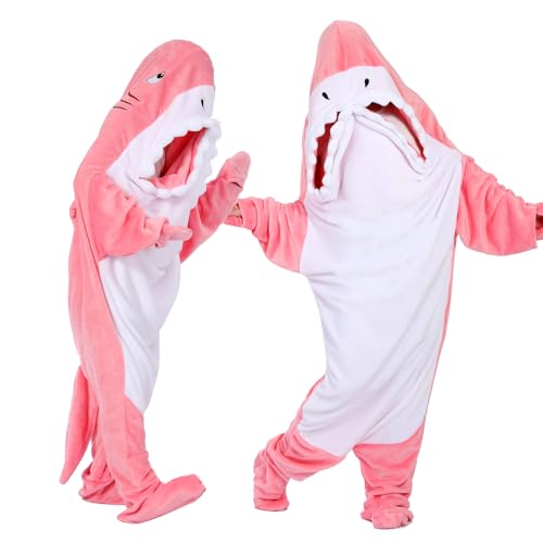 WENGTY Shark-Themed Blanket Hoodie for Adults and Kids–Cozy Shark Sleeping Bag&Onesie Costume (Pink M For Height 55