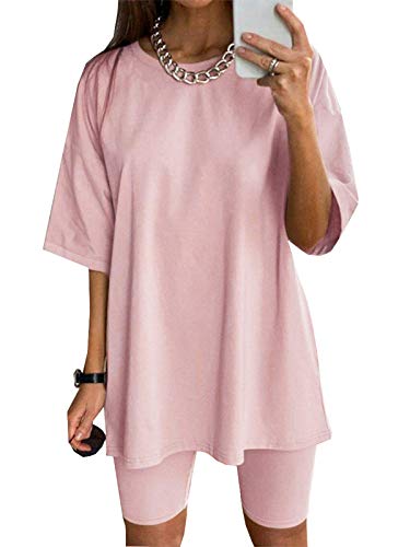 Women 2 Piece Outfit Sets Oversized T-Shirt Tops Biker Shorts Casual Workout Sports Tracksuit Set with Belt Pink XL
