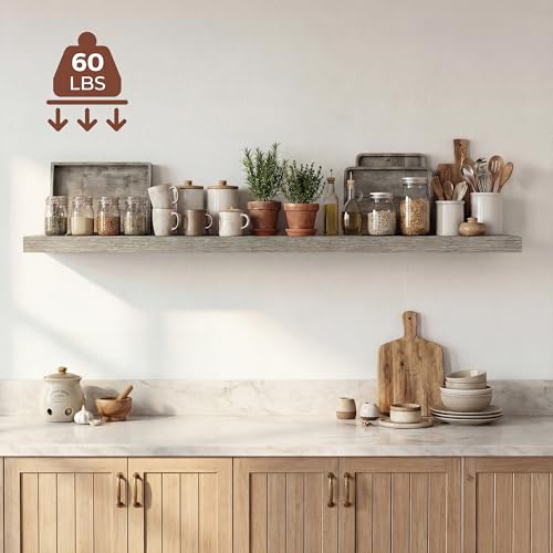 Image of Dreamland 55 Inches Floating Shelves for Wall, 9.3 inch Deep Long Floating Shelves Set of 1, Large Display & Storage Shelf, Wall Shelf for Bathroom Bedroom Living Room Kitchen Office, Grey