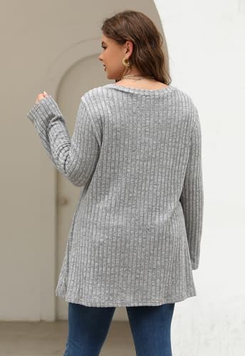 Image of Nemidor Women Plus Size Casual Tunic Top Drawstring V Neck Long Sleeve | 1X-5X plus, ribbed knit, long sweater, solid, semi-fitted flattering cut for curvy women, Fall, Winter, work, daily, dinner